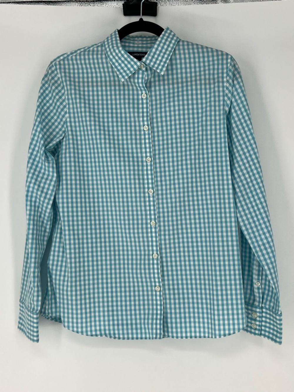 Lands' End Light Teal‎ and White Gingham Button-Up